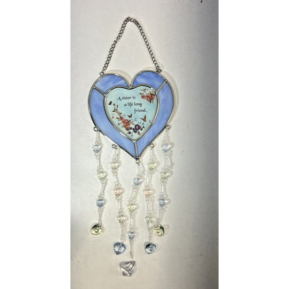 A Sister is a Life Long Friend STAINED GLASS HANGING HEART‎ Suncatcher blue - Picture 1 of 2